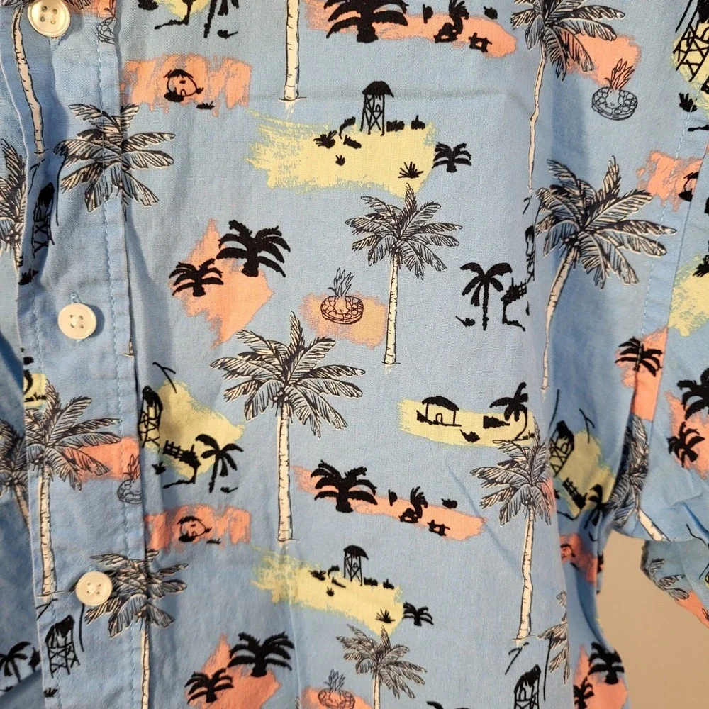 Cotton & Co Mens Large Blue Tropical Palm Tree Beach Print Button Down Shirt L